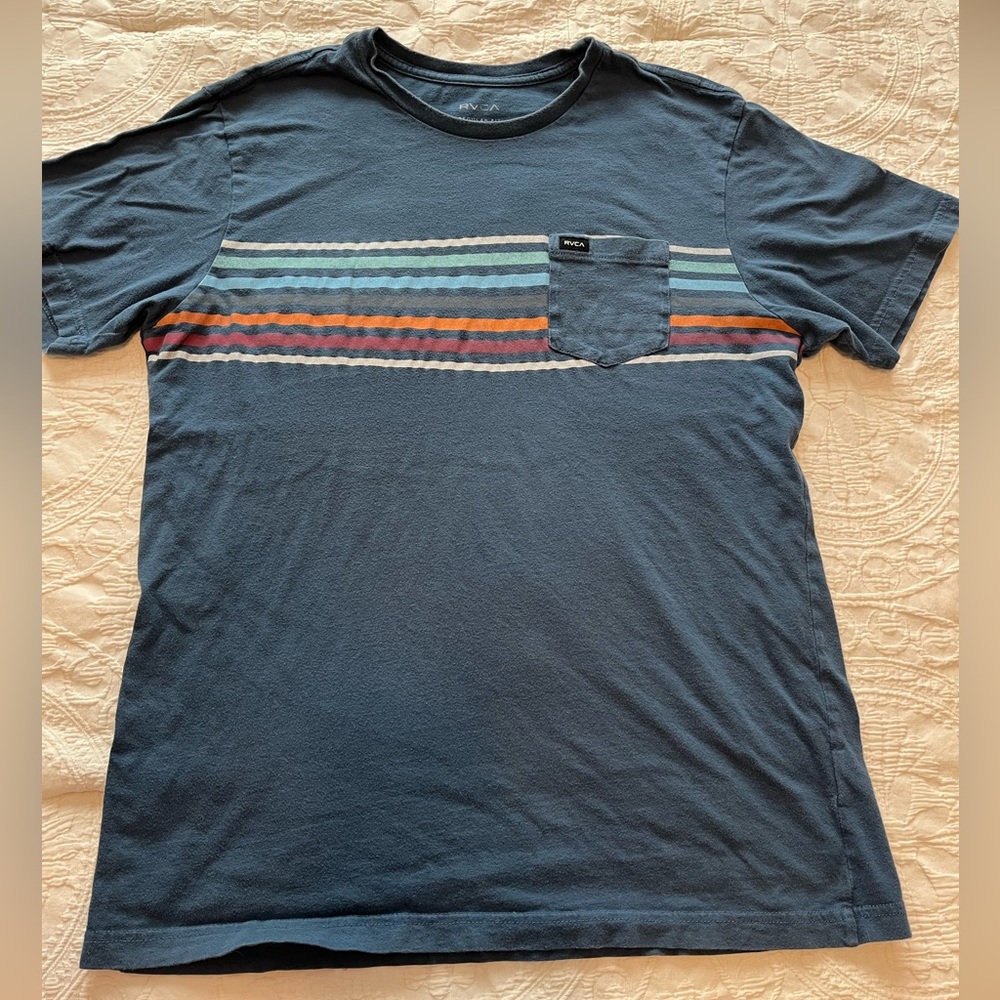 RVCA Navy Blue Short Sleeve Pocket Tee with Multicolor Stripes